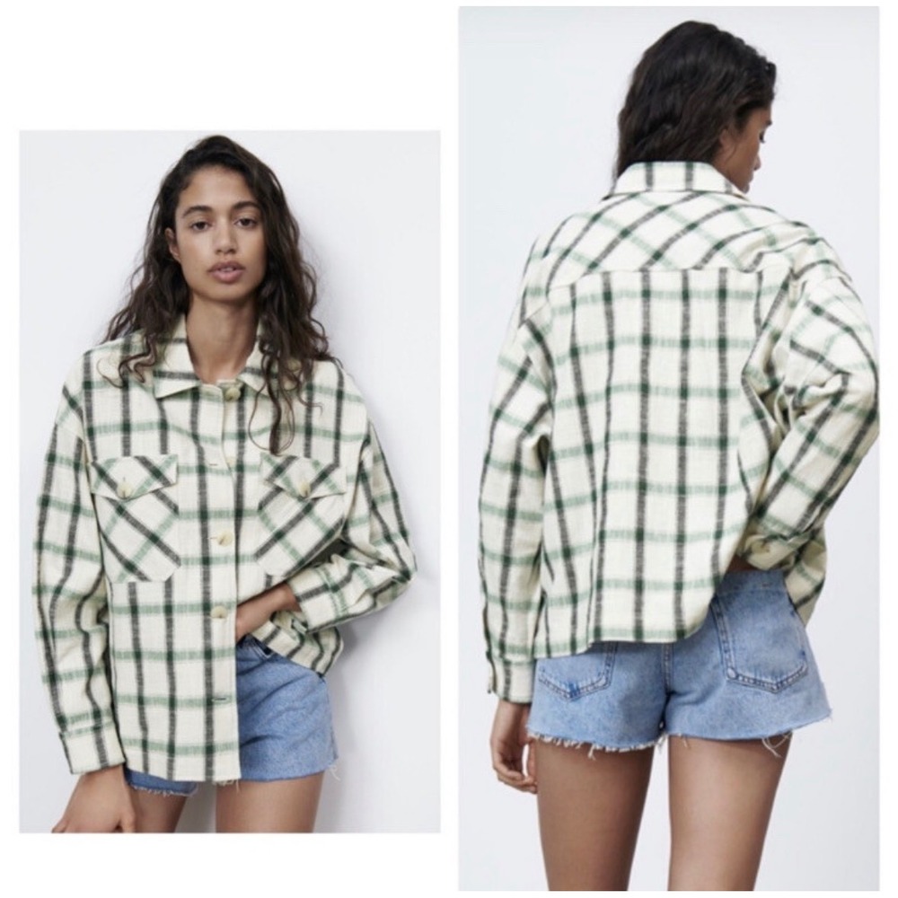 ZARA Plaid Overshirt Jacket XS Cream Green Black Check Shacket Button Front